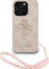Guess PU 4G metalowe logo z paskiem etui na iPhone 15 Pro - Różowe