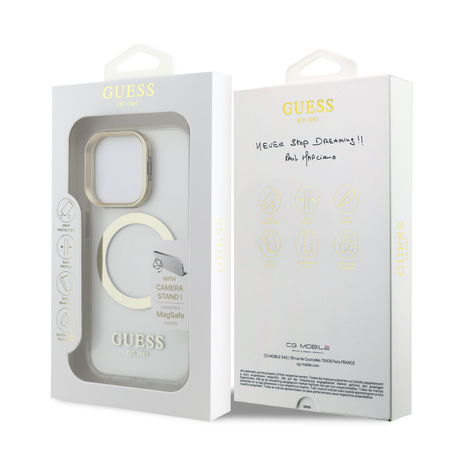 Etui Guess IML Gold Outline z ramką do aparatu iPhone'a 15 Pro, przezroczyste