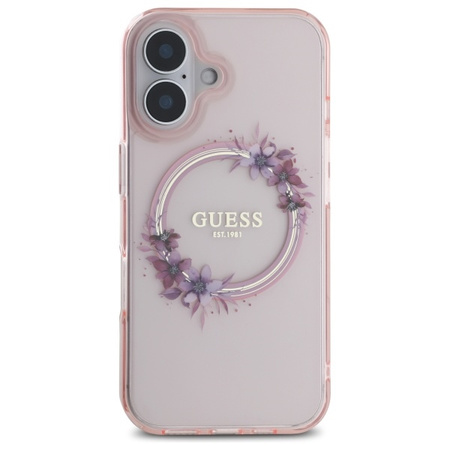 Guess IML Flowers Ring MagSafe Case for iPhone 16 Róż