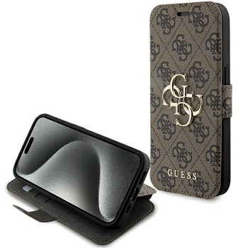 Guess PU Leather 4G Metal Logo Book Case for iPhone 15 Pro Max Brązowe