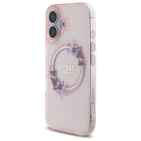 Guess IML Flowers Ring MagSafe Case for iPhone 16 Róż