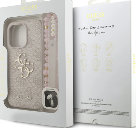Guess PU 4G metalowe logo z paskiem etui na iPhone 15 Pro - Różowe