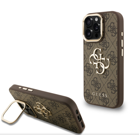 Guess PU 4G Metal Logo Stand Etui do iPhone 15 Pro brąz