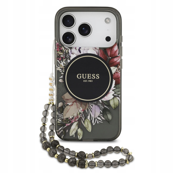 Etui Guess IML Flowers Pearl Strap MagSafe do iPhone 17 Pro - Czarne