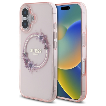 Guess IML Flowers Ring MagSafe Case for iPhone 16 Róż