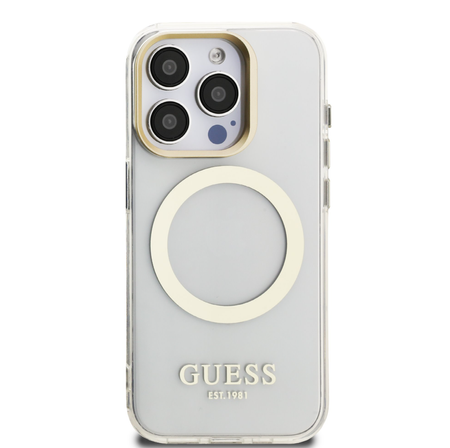 Etui Guess IML Gold Outline z ramką do aparatu iPhone'a 15 Pro, przezroczyste