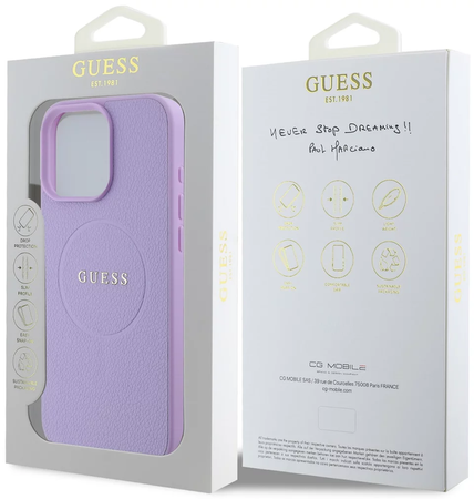 Guess PU Grained Classic Logo MagSafe etui do iPhone 16 Pro Max fioletowe