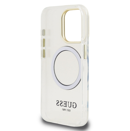 Etui Guess IML Gold Outline z ramką do aparatu iPhone'a 15 Pro, przezroczyste