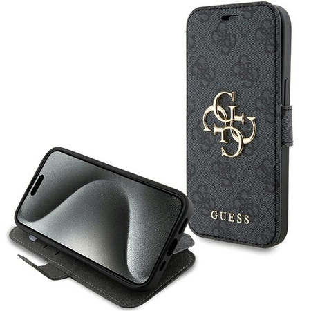 Guess PU Leather 4G Metal Logo Book Case for iPhone 15 Szare