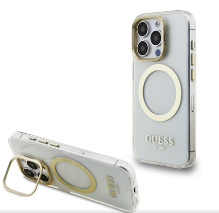 Etui Guess IML Gold Outline z ramką do aparatu iPhone'a 15 Pro, przezroczyste