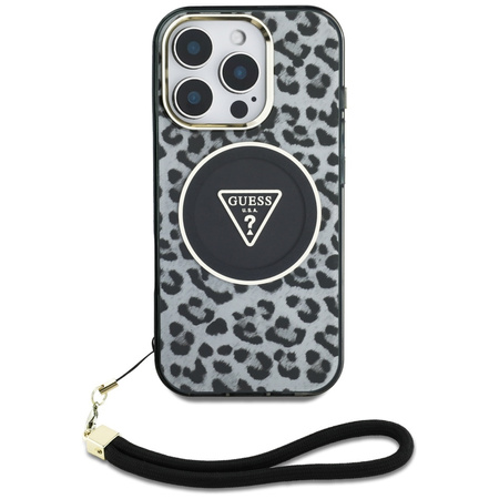 Etui Guess HC IML Leopard Triangle Cord Strap do iPhone 16 Pro MagSafe czarny
