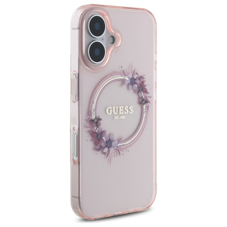 Guess IML Flowers Ring MagSafe Case for iPhone 16 Róż