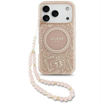 Etui Guess Flowers Electro Pearl Strap MagSafe do iPhone 17 Pro - Różowy