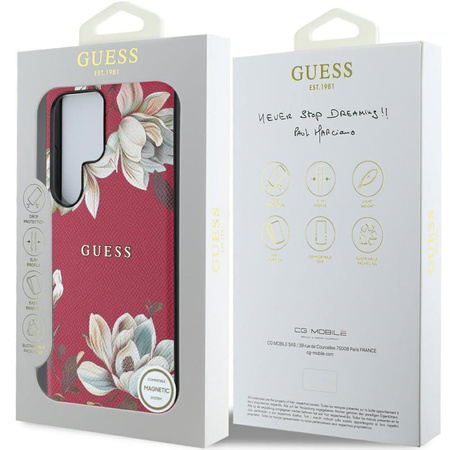 Etui Guess Grained Flower Pattern MagSafe do Galaxy S25 Ultra, różowe