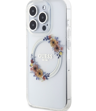 Guess PC/TPU Flowers Ring Glossy Logo MagSafe Case for iPhone 14 Pro Transparent