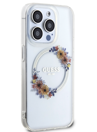 Guess PC/TPU Flowers Ring Glossy Logo MagSafe Case for iPhone 14 Pro Transparent