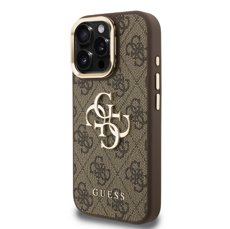 Guess PU 4G Metal Logo Stand Etui do iPhone 15 Pro brąz
