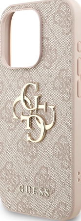 Guess PU 4G metalowe logo z paskiem etui na iPhone 15 Pro - Różowe