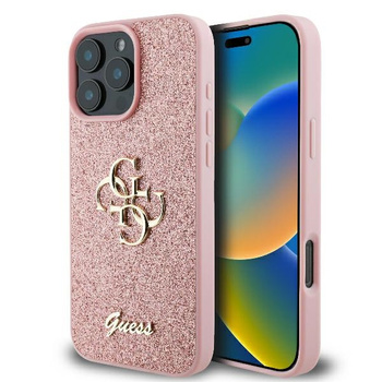 Guess PU Fixed Glitter 4G Metal Logo Case for iPhone 16 Pro Róż