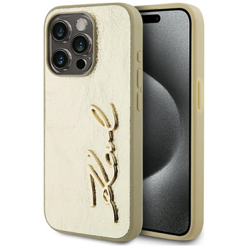 Etui Karl Lagerfeld Wrinkled Metal Signature do iPhone 15 Pro Złote - KLHCP15LPFMFBKMD