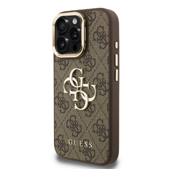 Guess PU 4G Metal Logo Stand Etui do iPhone 15 Pro brąz