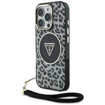 Etui Guess HC IML Leopard Triangle Cord Strap do iPhone 16 Pro MagSafe czarny